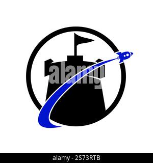 Château de vecteur et rocket combinaison logo. Tour et symbole de l'avion ou de l'icône. Forteresse unique et logotype de vol modèle. Illustration de Vecteur