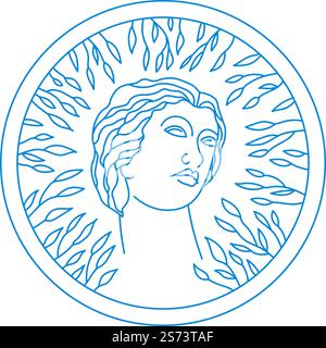 Art antique de la Grèce ou de Rome, portrait isolé de statue de femme regardant de côté. Image dans un cadre rond avec éléments floraux, feuillage et décoration de feuilles botaniques. Vecteur dans l'illustration de style plat. Art grec ancien, buste de portrait de femme Illustration de Vecteur