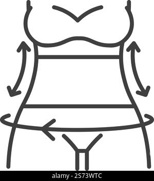Femmes mesures et dimensions pour le choix et l'achat de vêtements. Tableau des tailles, hanches et taille. Corps, vêtements et vêtements féminins. Icône isolée, étiquette minimaliste de dessin au trait. Vecteur dans le style plat. Dimensions de la taille et des hanches, mesures des femmes Illustration de Vecteur