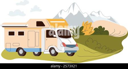 Vacances et aventures, voyager en camping-car à la montagne. Paysage et véhicule avec commodités, voiture avec endroit pour dormir et se reposer la nuit. trajet longue distance. Vecteur dans le style plat. Camping-car voyageant à la montagne, voyage d'été Illustration de Vecteur