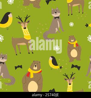 Personnages animaux mignons, loup portant un noeud papillon assis immobile. Cerf avec les yeux fermés, oiseau de taureau et ornement décoratif de flocons de neige. Vecteur dans le style plat, modèle sans couture, fond ou papier peint. Motif animal, cerf et loup, oiseau bullfinch Illustration de Vecteur