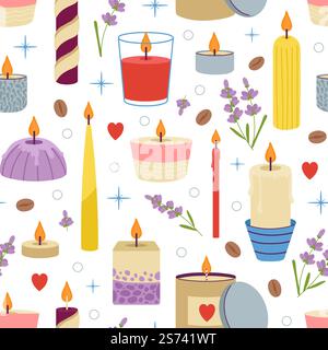 Motif sans couture de bougie Doodle. Grains de café et bougies, impression abstraite d'ambiance relaxante. Spa ou yoga, méditation et aromathérapie fond de vecteur décent. Illustration de la bougie modèle. Motif sans couture de bougie Doodle. Grains de café et bougies, impression abstraite d'ambiance relaxante. Spa ou yoga, méditation et aromathérapie fond de vecteur décent Illustration de Vecteur