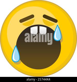 Émoticône pleurant fort. Visage jaune avec bouche ouverte et larmes roulantes isolé sur fond blanc. Émoticône pleurant fort. Visage jaune avec bouche ouverte et larmes roulantes Illustration de Vecteur