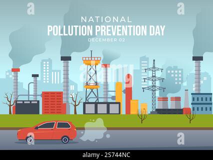 Campagne de sensibilisation de la Journée nationale de prévention de la pollution sur les problèmes d'usine, de forêt ou de véhicule dans le modèle d'illustration à plat de dessin animé à la main Illustration de Vecteur