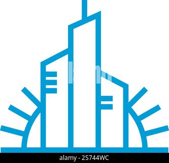 Lever de soleil stylisé en ville. Soleil se levant derrière des gratte-ciel isolés sur fond blanc. Logo stylisé City Sunrise. Le soleil se lève derrière les gratte-ciel Illustration de Vecteur