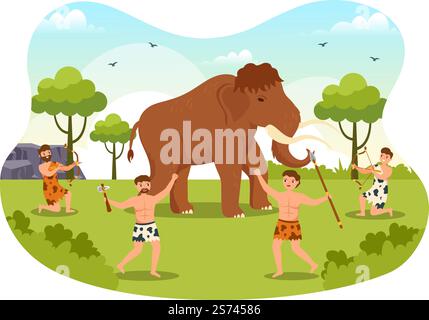 Tribes de l'âge de pierre préhistorique chasse de grands animaux avec arme dans un dessin à la main de dessin de dessin à plat Illustration Illustration de Vecteur