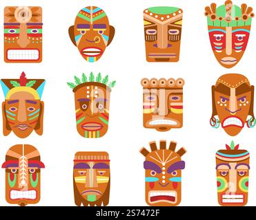 Masque tiki africain. Masques ethniques, totem hawaii ou tribus mayas. Visages de dieux guerriers en bois, idoles aztèques tribales ornementales. Décorations effrayantes ensemble décent de vecteur de masque totem illustration de visage hawaii. Masque tiki africain. Masques ethniques, totem hawaii ou tribus mayas. Visages de dieux guerriers en bois, idoles aztèques tribales ornementales. Décorations effrayantes ensemble de vecteur décent Illustration de Vecteur