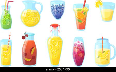 Boissons fraîches d'été. Jus de saveur tropicale, thé glacé et limonade d'agrumes dans des verres de bouteille ou en pot. Boissons alcoolisées de plage de fruits, signes de dessin animé vectoriel néotérique. Illustration de jus de boisson d'été. Boissons fraîches d'été. Jus de saveur tropicale, thé glacé et limonade d'agrumes dans des verres de bouteille ou en pot. Boissons alcoolisées de plage de fruits, signes de dessin animé vectoriel néotérique Illustration de Vecteur