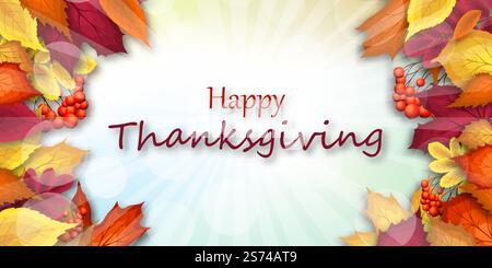 Bannière d'automne de Thanksgiving avec des feuilles d'automne brillantes sur fond de ciel vanille avec des rayons du soleil et des lueurs. Élément de conception pour les vacances d'automne, les événements, les remises et les ventes. Illustration vectorielle. Illustration de Vecteur