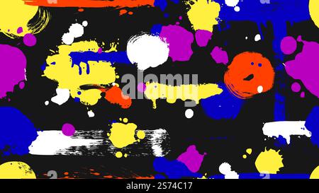 Design abstrait grunge sale néon. Impression de tissu de taches de peinture, graffiti lumineux sur motif sans couture foncé. Fond de décor contemporain de vecteur. Illustration de la conception de peinture, abstrait de fond sale. Design abstrait grunge sale néon. Impression de tissu de taches de peinture, graffiti lumineux sur motif sans couture foncé. Fond de décor contemporain de vecteur Illustration de Vecteur