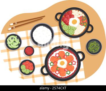 Set de cuisine coréen Menu de divers plats traditionnels ou nationaux délicieux dans plat dessin main dessins modèles Illustration Illustration de Vecteur