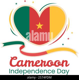Happy Cameroon Independence Day on 1 janvier avec drapeau camerounais et vacances commémoratives en dessin animé à la main Illustration de Vecteur