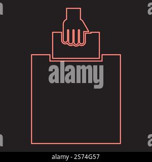 Neon Hand met un blanc dans une boîte pour suggestion l'électeur jette un ticket rouge couleur illustration vectorielle image plat style lumière. Neon main met un blanc dans une boîte pour suggestion l'électeur jette un ticket rouge illustration vectorielle image style plat Illustration de Vecteur