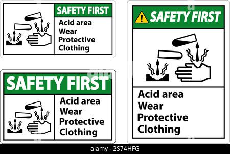 Signalisation de sécurité en premier lieu pour les zones acides portant des vêtements de protection Illustration de Vecteur