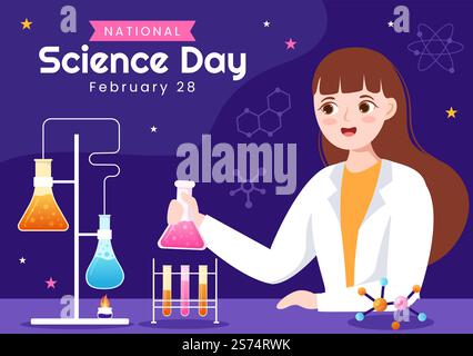 Journée nationale des sciences 28 février concernant les modèles de dessin à la main de produits chimiques liquides, scientifiques, médicaux et de recherche en dessin animé à la main Illustration de Vecteur