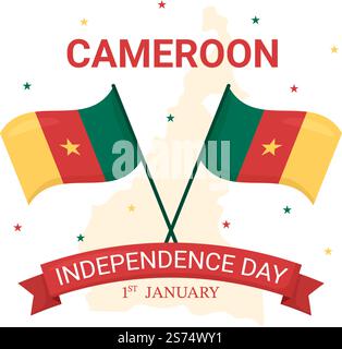 Happy Cameroon Independence Day on 1 janvier avec drapeau camerounais et vacances commémoratives en dessin animé à la main Illustration de Vecteur