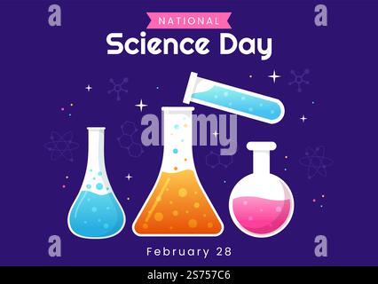 Journée nationale des sciences 28 février concernant les modèles de dessin à la main de produits chimiques liquides, scientifiques, médicaux et de recherche en dessin animé à la main Illustration de Vecteur
