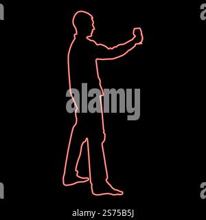 L'homme de néon tient dans un verre de vin long de main sur le point de faire Toast Holiday concept rouge illustration vectorielle image plat style lumière. Homme de néon tient dans le verre de vin de longue main sur le point de faire Toast Holiday concept rouge illustration vectorielle image style plat Illustration de Vecteur