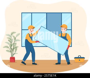 Service d'installation de fenêtres et de portes avec un employé pour la réparation et la rénovation à domicile utiliser les outils du dessin main du dessin animé à plat Illustration du modèle Illustration de Vecteur