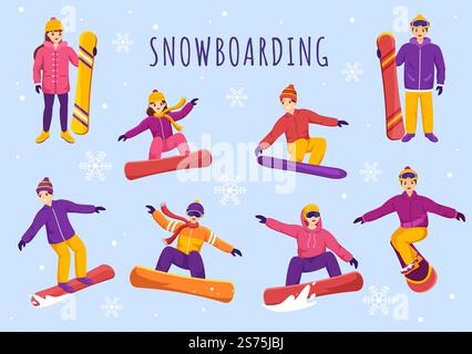 Snowboard avec des personnes qui glissent et sautent sur Snowy Mountain Side ou Slope Inside Flat Cartoon modèles dessinés à la main Illustration Illustration de Vecteur