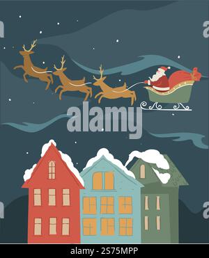 Vacances du nouvel an et fête de Noël. Santa Claus chevauchant traîneau avec des rennes, portant sac de cadeaux pour les enfants et les adultes. Paysage urbain avec toits couverts de neige. Vecteur dans le style plat. Salut du Père Noël avec le nouvel an et Noël Illustration de Vecteur