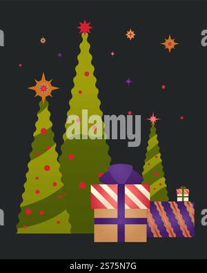 Nouvel an et Noël, Noël saison hiver fête des vacances. Tradition de cadeau, cadeaux en papier d'emballage avec des rubans. Pins avec boules et guirlandes. Vecteur dans le style plat. Fêtes de Noël et du nouvel an Illustration de Vecteur