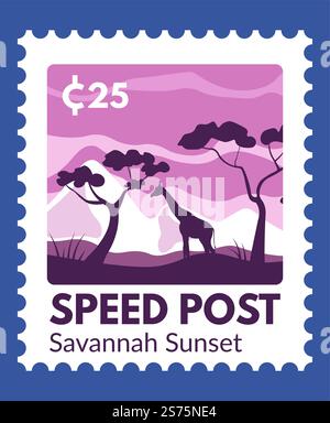 Savannah coucher de soleil speed post, TAD avec girafe et paysage naturel africain. Biodiversité naturelle, flore. Marque postale ou carte, timbre postal et correspondance avec prix. Vecteur dans le style plat. Speed post, coucher de soleil Savannah, TAD avec prix Illustration de Vecteur