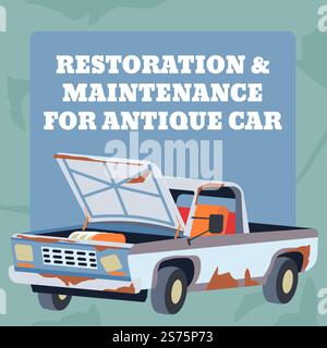 Entretien et restauration pour carte ancienne et ancienne. Véhicules et services de transport, en prenant soin des automobiles et des voitures rouillées et abandonnées. Équipe professionnelle de spécialistes. Vecteur dans le style plat. Restauration et entretien des vieilles voitures anciennes Illustration de Vecteur