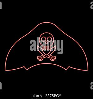 Chapeau de pirate néon avec crâne et sabre cutlass rouge illustration vectorielle image de style plat lumière. Chapeau de pirate néon avec crâne et sabre cutlass rouge illustration vectorielle image style plat Illustration de Vecteur