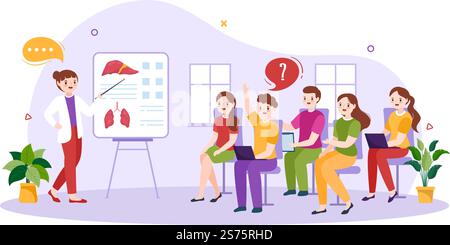 École de médecine avec des étudiants à l'écoute de la lecture de docteur et l'apprentissage de la science en classe en dessin à plat dessin à la main dessin de modèle Illustration Illustration de Vecteur