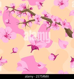 Fleur de Sakura, branches de cerisier avec pétales et fleurs en fleurs. Printemps en Chine ou au Japon, décoration florale. Motif sans couture ou papier peint, arrière-plans ou impression. Vecteur dans le style plat. Fleurs de cerisier, motifs de branches de sakura Illustration de Vecteur