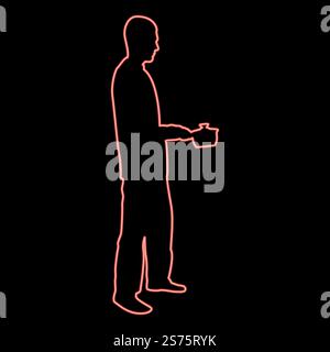 Homme au néon avec casserole dans ses mains préparation de la nourriture la cuisine masculine utilise des sauciers rouge illustration vectorielle image plat style lumière. Homme au néon avec casserole dans ses mains préparant la nourriture la cuisine masculine utilise des sauciers rouge illustration vectorielle image style plat Illustration de Vecteur