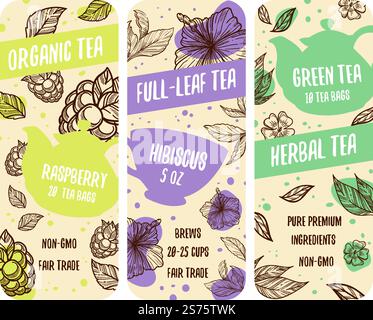 Thé vert hibiscus, sachets pleins de feuilles. Produit biologique et naturel, pur mélange premium non ogm. Framboise goût de délicieuses bières et commerce équitable. Étiquettes ou emblèmes pour emballages. Vecteur dans le style plat. Autocollant d'emballage de mélange vert hibiscus de thé pleine feuille Illustration de Vecteur