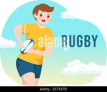 Rugby Player Running Illustration avec un ballon dans le sport de championnat pour Web Banner ou page d'arrivée dans le dessin à la main de dessin à plat de dessin animé Illustration de Vecteur