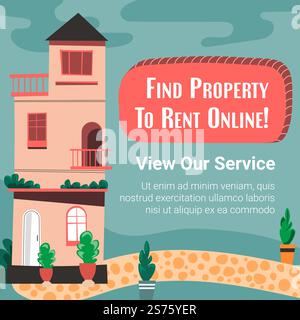 Propriété à louer en ligne, consultez nos services. Appartements et logements pour le repos et les vacances. Maisons et manoirs pour se détendre. Façade avec des fleurs. Bannière promotionnelle ou publicités. Vecteur dans le style plat. Trouvez un bien à louer en ligne, consultez nos services Illustration de Vecteur