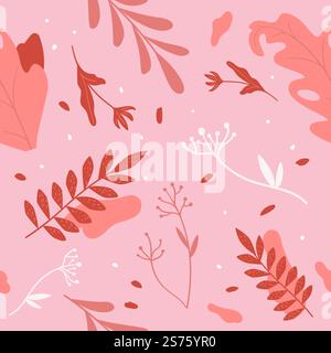 Feuillage et feuilles, ornement et décoration d'été ou de printemps. Rameaux et branches, feuilles et plantes à fleurs variété botanique. Motif sans couture, fond ou impression de papier peint. Vecteur dans le style plat. Nature et botanique plantes, feuillage et feuilles imprimés Illustration de Vecteur