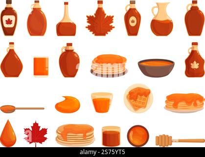 Les icônes de sirop d'érable définissent le vecteur de dessin animé. Pile de crêpes. Cuisine sucrée. Les icônes de sirop d'érable définissent le vecteur de dessin animé. Pile de crêpes Illustration de Vecteur