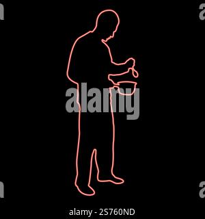 Homme au néon avec cuillère à casserole dans ses mains préparation de la nourriture la cuisine masculine utilise des sauciers rouge illustration vectorielle image plat style lumière. Homme néon avec cuillère à casserole dans ses mains préparant la nourriture la cuisine masculine utilise Sauciers rouge illustration vectorielle image style plat Illustration de Vecteur