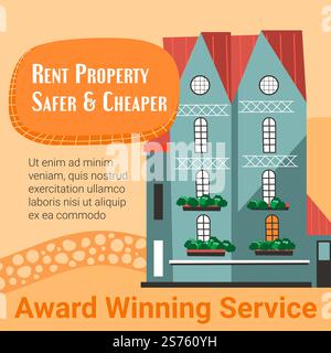 Service primé pour la location de propriété, plus sûr et moins cher. Aide à la recherche d'appartement ou de logement pour vivre. Construire avec condos, acheter une nouvelle maison ou des maisons. Vecteur dans le style plat. Louer une propriété plus sûre et moins chère, service gagnant Illustration de Vecteur