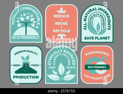 Conception de jeu d'autocollants pour l'emballage de produit respectueux de l'environnement. Collection de balises de modèle avec totalement compostable, signe tous les ingrédients naturels, illustration vectorielle. Offre de production non toxique, concept zéro déchet. Conception de jeu d'autocollants pour l'emballage de produit respectueux de l'environnement Illustration de Vecteur