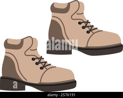 Bottes d'hiver en cuir avec lacets, vêtements isolés et accessoires pour la saison froide. Vêtements et vêtements pour hommes et femmes. Vêtements d'extérieur élégants pour le trekking et la marche en plein air. Vecteur dans le style plat. Bottes pour l'hiver, chaussures en cuir pour la saison froide Illustration de Vecteur