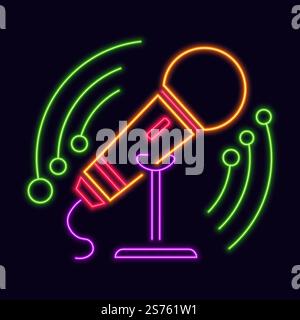 Logo néon club karaoké ou club de nuit pour le divertissement et le repos. Microphone lumineux isolé avec mélodies et mélodies. Style de vie en ville. Étiquette ou autocollant, logo ou signe. Vecteur dans le style plat. Signe de néon de club de karaoké, microphone lumineux Illustration de Vecteur