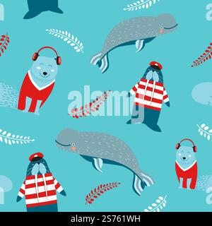 Morse et baleine, animaux marins mignons portant des vêtements et des accessoires, écouteurs écoutant de la musique et souriant. Aquarium, motif sans couture ou papier peint, fond ou impression. Vecteur dans le style plat. Animaux marins et créatures portant des vêtements imprimés Illustration de Vecteur