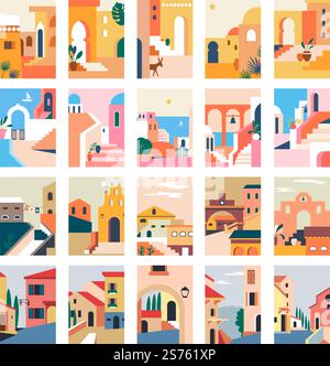 Rues de vieilles villes, paysages urbains et skylines. Architecture et bâtiments, plantes d'intérieur en plein air et paysages avec fleurs et buissons. Style de vie des villes italiennes ou grecques. Vecteur dans le style plat. Cityscapes rues urbaines avec vecteur d'architecture Illustration de Vecteur