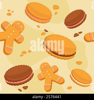 Bonbons et desserts, repas savoureux pour le dessert. Biscuits et biscuits avec crème au chocolat. Personnage Gingerman avec vitrage. Motif sans couture, fond ou papier peint d'impression. Vecteur dans le style plat. Biscuits et motifs sans couture à la crème de chocolat Illustration de Vecteur