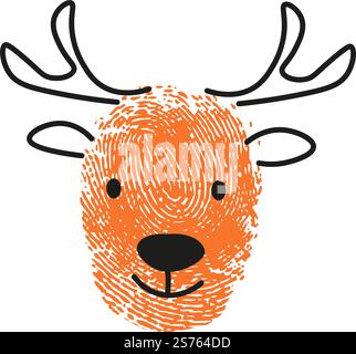 Empreinte de cerf, portrait isolé d'animal mignon avec des bois osseux ramifiés. Animal avec museau souriant, personnage positif. Dessin simple de caractère avec tampon de doigt, vecteur dans le style plat. Dessin d'empreinte digitale du vecteur de portrait d'animal de cerf Illustration de Vecteur