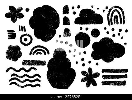 Dessins de silhouette d'étoiles et de fleurs, de vagues et de gouttes de pluie, de nuages météorologiques et d'arcs-en-ciel. Croquis monochrome, formes et formes géométriques, peintures enfantines. Vecteur dans l'illustration de style plat. Silhouettes monochromes abstraites, vecteur de dessins Illustration de Vecteur