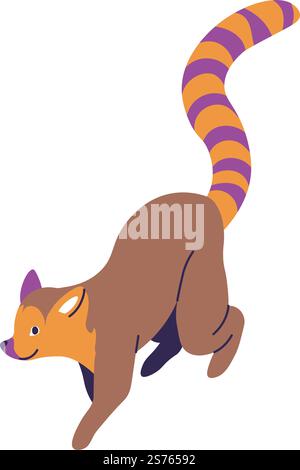 Lémuriens à queue annulaire, animaux tropicaux et exotiques isolés. Primate arboricole à queue longue et rayée. Créature vivant dans l'habitat de Madagascar. Biodiversité du zoo. Vecteur dans l'illustration de style plat. Animaux tropicaux, vecteur exotique de lémurien à queue annulaire Illustration de Vecteur