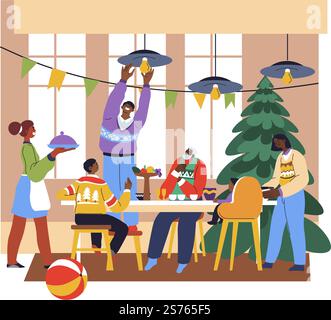 Famille se préparant pour le nouvel an, parents et enfants passant des vacances de Noël ensemble à la maison. Dîner avec membres, enfants et grand-père. Sapin et drapeaux suspendus colorés. Vecteur dans le style plat. Préparation et célébration des vacances de Noël Illustration de Vecteur