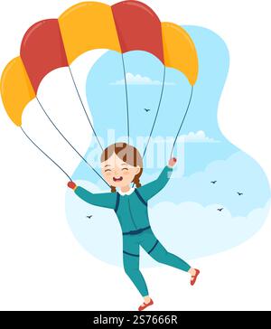Parachutisme Illustration avec les enfants les parachutistes utilisent parachute et saut à ciel pour les activités de plein air dans les modèles de dessin à la main de dessin de dessin de dessin de craton de sport extrême plat Illustration de Vecteur
